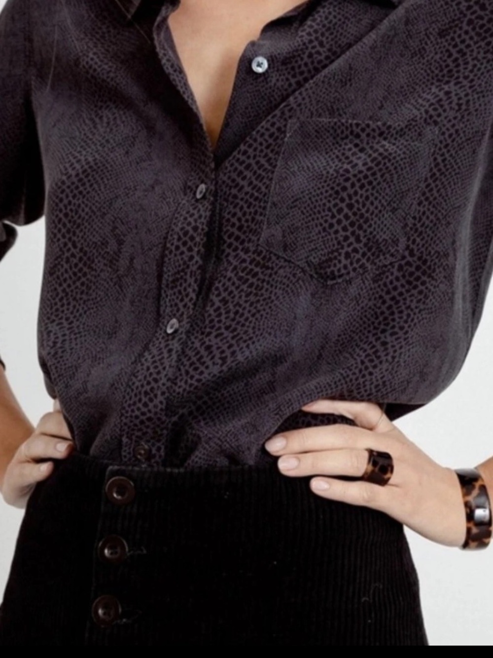 Rails Silk Sz M Blouse Button Up Shirt Long Sleeve Dark Gray/Black Snake